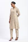 ABRAHAM AND THAKORE_Gold Chanderi Embroidery V-neck Maheshwar Kurta _at_Aza_Fashions