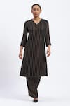 Buy_ABRAHAM AND THAKORE_Black Georgette Foil Printing V-neck Gold Beaded Kurta _at_Aza_Fashions