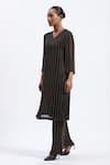 Buy_ABRAHAM AND THAKORE_Black Georgette Foil Printing V-neck Gold Beaded Kurta _Online_at_Aza_Fashions