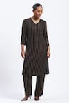 Shop_ABRAHAM AND THAKORE_Black Georgette Foil Printing V-neck Gold Beaded Kurta _Online_at_Aza_Fashions