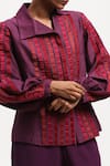 ABRAHAM AND THAKORE_Purple Chanderi Applique Collared Strips Shirt _Online_at_Aza_Fashions
