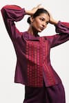 Shop_ABRAHAM AND THAKORE_Purple Chanderi Applique Collared Strips Shirt _Online_at_Aza_Fashions