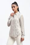 ABRAHAM AND THAKORE_White Georgette Sequins Collared Broken Stripes Shirt _Online_at_Aza_Fashions