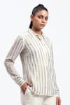 Shop_ABRAHAM AND THAKORE_White Georgette Sequins Collared Broken Stripes Shirt _Online_at_Aza_Fashions