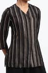ABRAHAM AND THAKORE_Gold Georgette Foil Printing V-neck Cutwork Tunic _at_Aza_Fashions