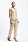 ABRAHAM AND THAKORE_Gold Chanderi Embroidery Round Neck Maheshwar Top _Online_at_Aza_Fashions
