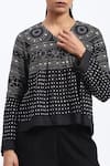 ABRAHAM AND THAKORE_Black Linen V-neck Tribal Print Top _at_Aza_Fashions