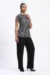 Shop_ABRAHAM AND THAKORE_Black Georgette Round Neck Broken Stripes Top _Online_at_Aza_Fashions