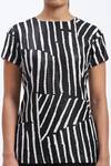 ABRAHAM AND THAKORE_Black Georgette Round Neck Broken Stripes Top _at_Aza_Fashions