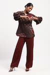 ABRAHAM AND THAKORE_Burgundy Chanderi Sequins Collared Bark Cloth Ikat Shirt _Online_at_Aza_Fashions