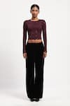 ABRAHAM AND THAKORE_Purple Viscose Sequins Round Neck Embellished Dot Print Top _at_Aza_Fashions