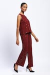 Shop_ABRAHAM AND THAKORE_Burgundy Viscose Round Neck Embellished Dot Print Top _Online_at_Aza_Fashions