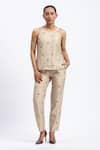 Buy_ABRAHAM AND THAKORE_Gold Chanderi Embroidery Maheshwar Trouser _at_Aza_Fashions