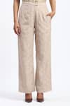 Shop_ABRAHAM AND THAKORE_Beige Chanderi Embroidery Bird Cutwork Trouser _at_Aza_Fashions