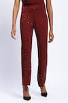 Shop_ABRAHAM AND THAKORE_Burgundy Viscose Sequins Embellished Dot Print Trouser _at_Aza_Fashions