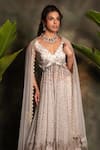 Archana Kochhar_Ivory Georgette, Net Sequins V-neck Anarkali Set _Online_at_Aza_Fashions