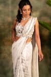 Archana Kochhar_Ivory Georgette, , Satin Sequins, Lace V-neck Designer Saree Set _Online_at_Aza_Fashions