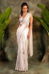 Shop_Archana Kochhar_Ivory Georgette, , Satin Sequins, Lace V-neck Designer Saree Set _Online_at_Aza_Fashions