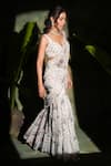 Archana Kochhar_Ivory Georgette Sequins, Beads V-neck Sharara Sari Set _Online_at_Aza_Fashions