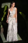 Buy_Archana Kochhar_Ivory Georgette Sequins, Beads V-neck Sharara Sari Set _at_Aza_Fashions