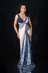 Buy_Archana Kochhar_White Georgette Beads, Sequins Plunge Neck Designer Pre-draped Saree Set _at_Aza_Fashions