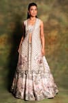 Buy_Archana Kochhar_Ivory Silk Embroidery Round Neck Printed Jacket Lehenga Set _at_Aza_Fashions