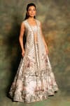 Buy_Archana Kochhar_Ivory Silk Embroidery Round Neck Printed Jacket Lehenga Set _Online_at_Aza_Fashions