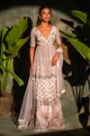 Buy_Archana Kochhar_Ivory Georgette, Net Embroidery V-neck Kurta Lehenga Set _Online_at_Aza_Fashions