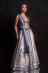 Shop_Archana Kochhar_Blue Silk Embroidery V-neck The Neel Mahal Fusion Lehenga Set _Online_at_Aza_Fashions