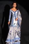 Buy_Archana Kochhar_Blue Silk, Organza Beads, Embroidery Scoop Neck Designer And White Sharara Set _at_Aza_Fashions