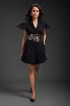 Deepika Arora_Black Polyester Sequins V-neck Ponte Roma Playsuit With Belt _Online_at_Aza_Fashions