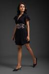 Shop_Deepika Arora_Black Polyester Sequins V-neck Ponte Roma Playsuit With Belt _Online_at_Aza_Fashions