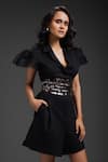 Deepika Arora_Black Polyester Sequins V-neck Ponte Roma Playsuit With Belt _at_Aza_Fashions