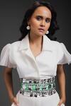 Deepika Arora_White Ponte Roma Cut Work Collared Designer Playsuit With Belt _Online_at_Aza_Fashions