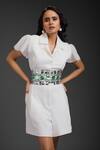 Buy_Deepika Arora_White Ponte Roma Cut Work Collared Designer Playsuit With Belt 