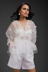 Buy_Deepika Arora_White Organza Fabric Flowers V-neck Embroidered Top And Bustier Se _Online_at_Aza_Fashions