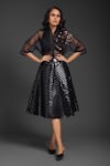 Buy_Deepika Arora_Black Velvet, Leather Sequins, Embroidery Collared Vegan Skirt Set _at_Aza_Fashions