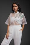 Deepika Arora_White Organza Sequins Collared, Sweetheart Neck Pant Set _at_Aza_Fashions