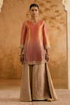 Buy_Nero India_Orange Tissue Embroidery Split V-neck And Purple Kurta Sharara Set _at_Aza_Fashions