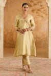 Buy_Nero India_Gold Tissue V-neck Kurta And Pant Set _at_Aza_Fashions