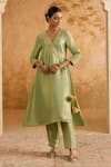 Buy_Nero India_Green Tissue Embroidery V-neck Kurta And Pant Set _at_Aza_Fashions