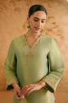 Shop_Nero India_Green Tissue Embroidery V-neck Chevron Kurta Set _at_Aza_Fashions