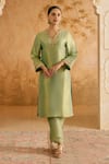 Buy_Nero India_Green Tissue Embroidery V-neck Chevron Kurta Set _at_Aza_Fashions