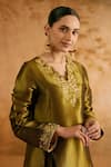 Shop_Nero India_Green Tissue Embroidery V-neck Kurta And Pant Set _at_Aza_Fashions
