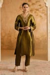 Buy_Nero India_Green Tissue Embroidery V-neck Kurta And Pant Set _at_Aza_Fashions