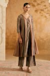 Buy_Nero India_Black Tissue V-neck Bronze Anarkali Kurta Set _at_Aza_Fashions