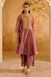 Shop_Nero India_Purple Tissue Embroidery V-neck Crush Kurta Set _at_Aza_Fashions