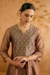 Shop_Nero India_Brown Tissue Embroidery V-neck Bronze Crush Kurta And Pant Set _at_Aza_Fashions