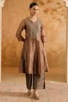 Buy_Nero India_Brown Tissue Embroidery V-neck Bronze Crush Kurta And Pant Set _at_Aza_Fashions