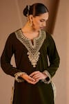 Shop_Nero India_Olive Green Velvet Embroidery Split V-neck Kurta And Sharara Set _at_Aza_Fashions